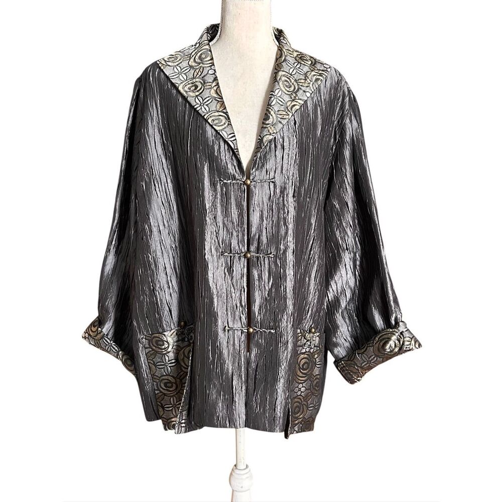 Vintage Rising Phoenix Plissé Silk Metallic Silver Brocade Floral Jacket 2X